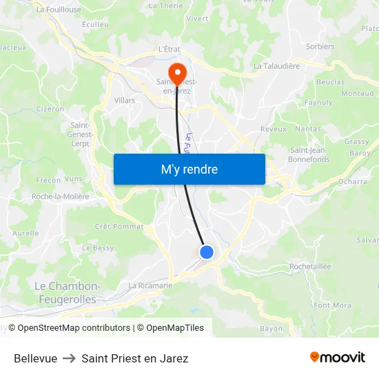 Bellevue to Saint Priest en Jarez map