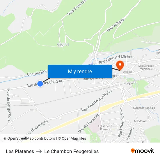 Les Platanes to Le Chambon Feugerolles map