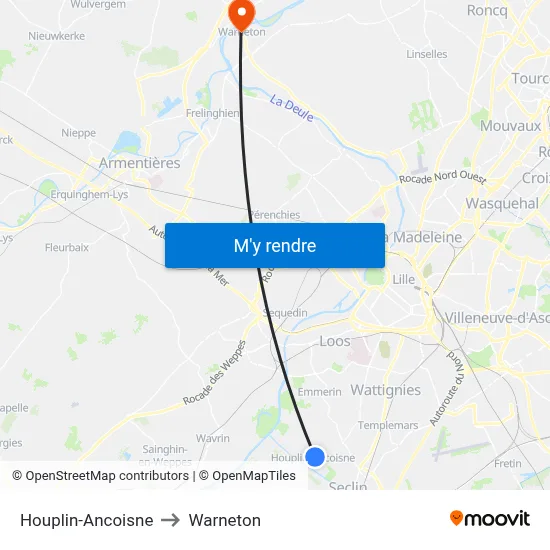 Houplin-Ancoisne to Warneton map