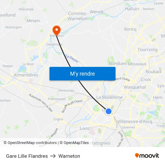 Gare Lille Flandres to Warneton map
