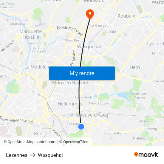 Lezennes to Wasquehal map
