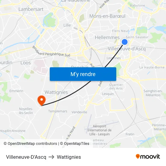 Villeneuve-D'Ascq to Wattignies map