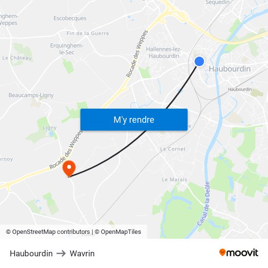 Haubourdin to Wavrin map