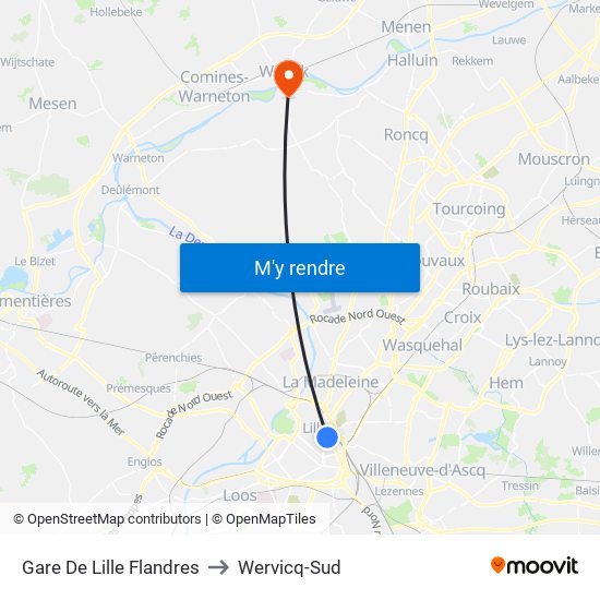 Gare De Lille Flandres to Wervicq-Sud map