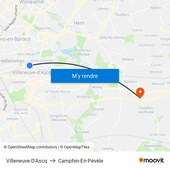 Villeneuve-D'Ascq to Camphin-En-Pévèle map