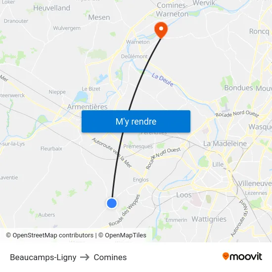 Beaucamps-Ligny to Comines map
