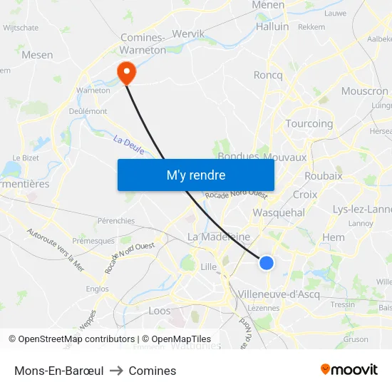 Mons-En-Barœul to Comines map