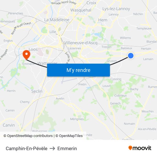 Camphin-En-Pévèle to Emmerin map