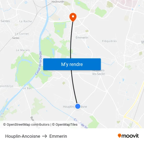 Houplin-Ancoisne to Emmerin map