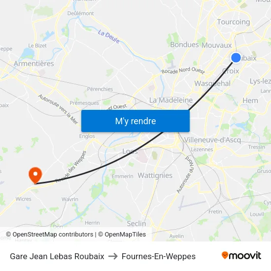 Gare Jean Lebas Roubaix to Fournes-En-Weppes map