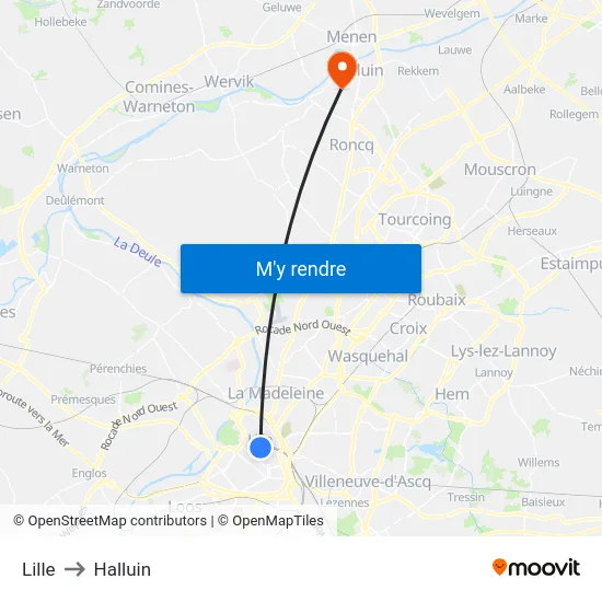 Lille to Halluin map