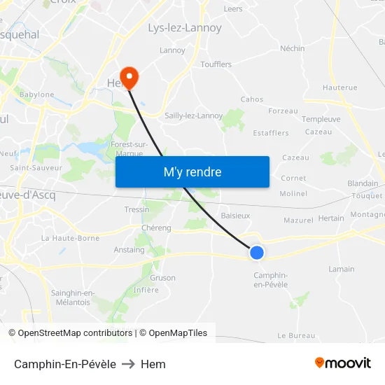 Camphin-En-Pévèle to Hem map