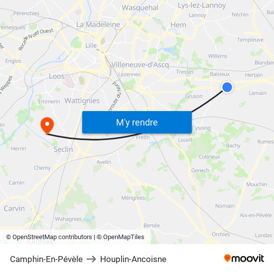 Camphin-En-Pévèle to Houplin-Ancoisne map