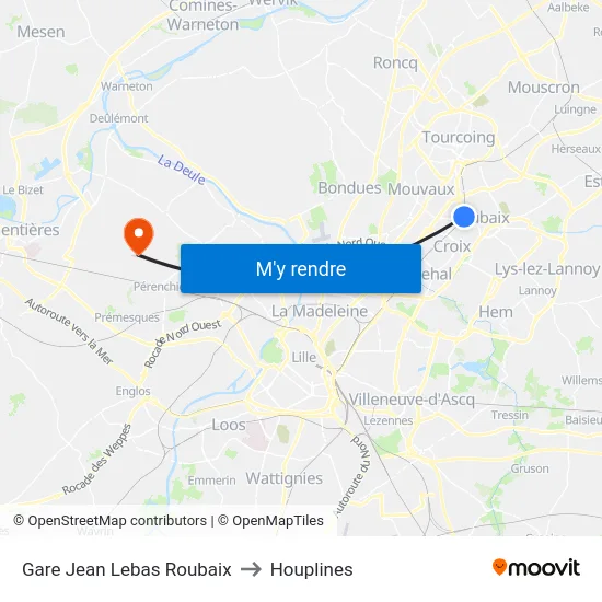 Gare Jean Lebas Roubaix to Houplines map