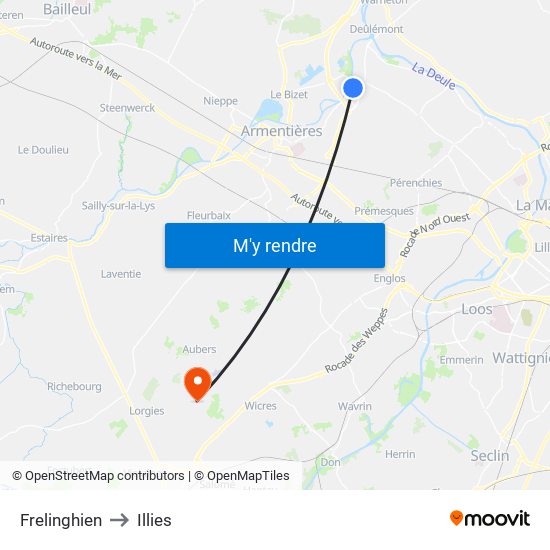 Frelinghien to Illies map