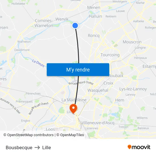 Bousbecque to Lille map