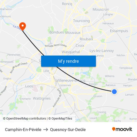 Camphin-En-Pévèle to Quesnoy-Sur-Deûle map