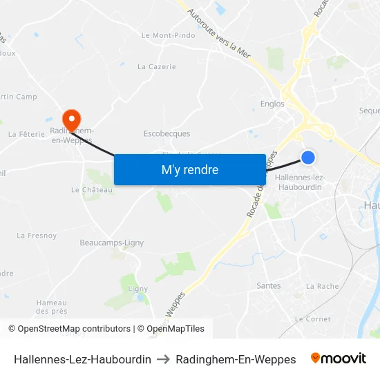 Hallennes-Lez-Haubourdin to Radinghem-En-Weppes map