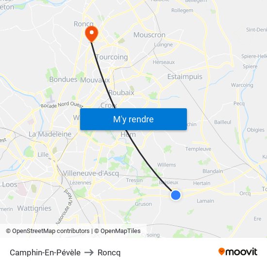Camphin-En-Pévèle to Roncq map