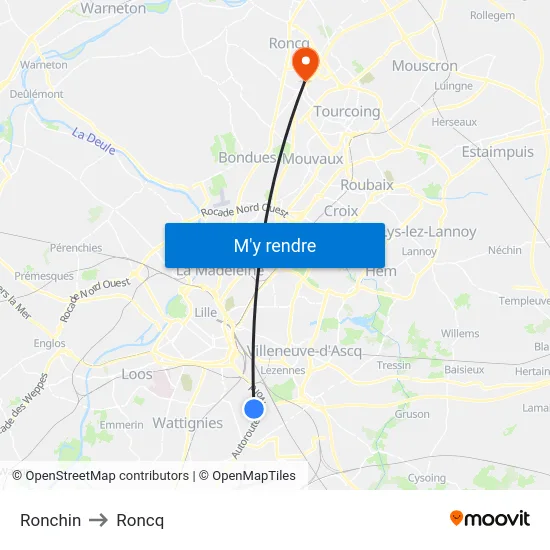 Ronchin to Roncq map