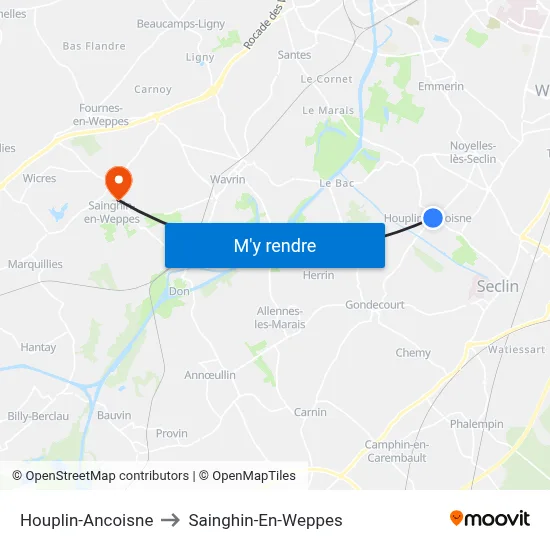 Houplin-Ancoisne to Sainghin-En-Weppes map