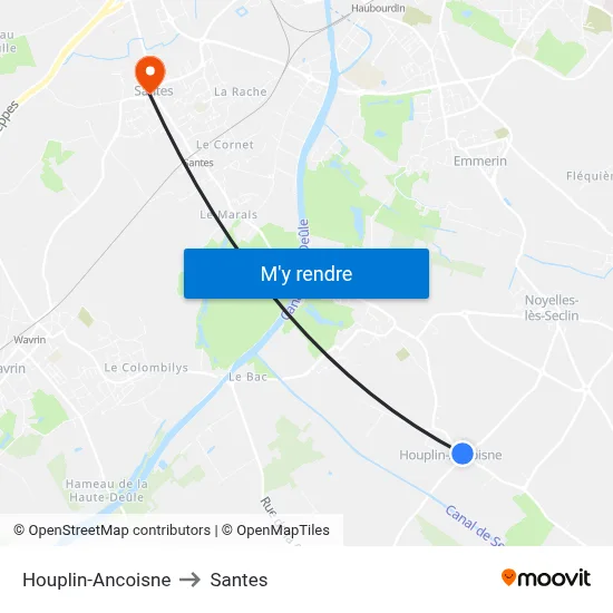 Houplin-Ancoisne to Santes map