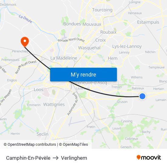Camphin-En-Pévèle to Verlinghem map
