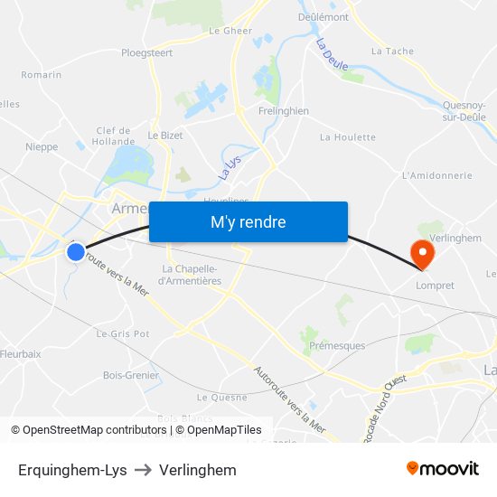 Erquinghem-Lys to Verlinghem map