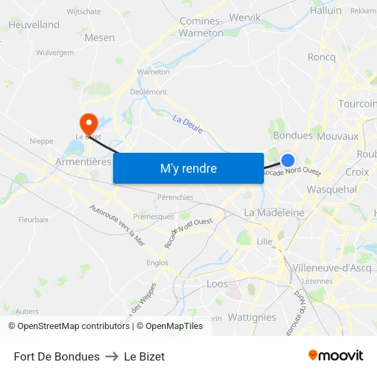 Fort De Bondues to Le Bizet map