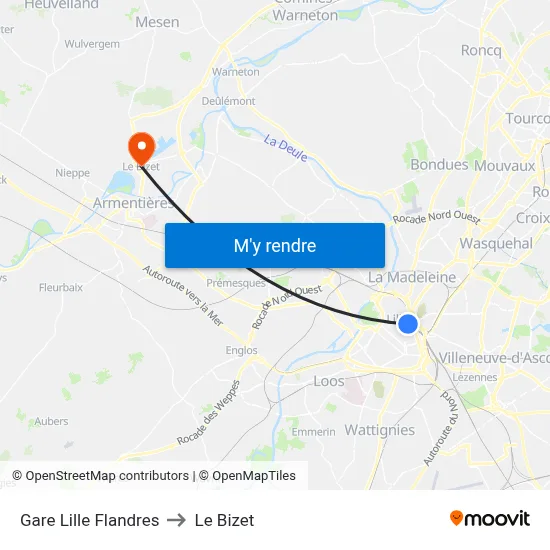 Gare Lille Flandres to Le Bizet map