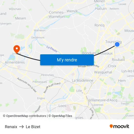 Renaix to Le Bizet map