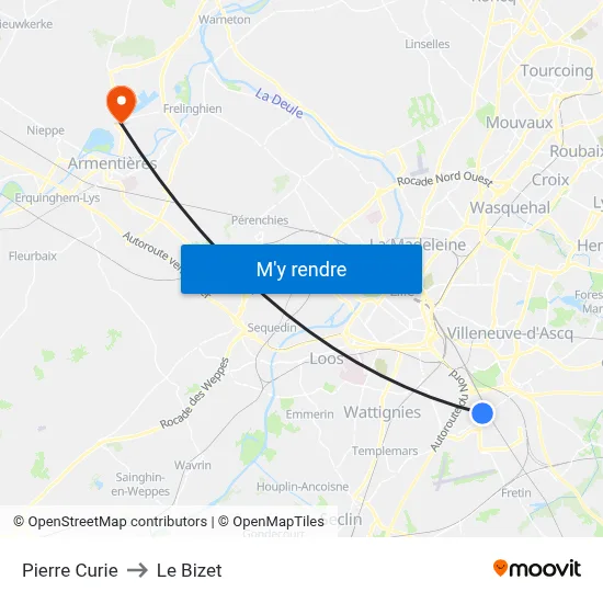 Pierre Curie to Le Bizet map