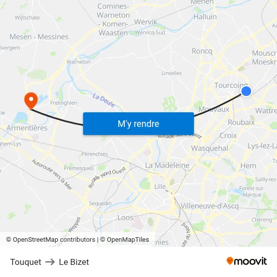 Touquet to Le Bizet map