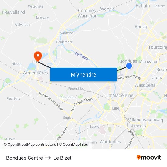 Bondues Centre to Le Bizet map