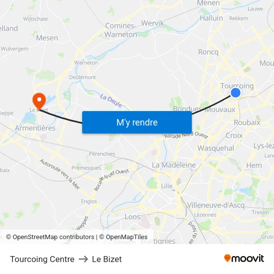 Tourcoing Centre to Le Bizet map