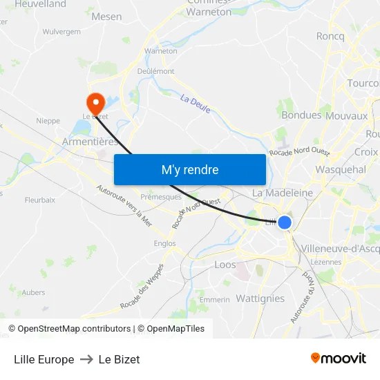 Lille Europe to Le Bizet map
