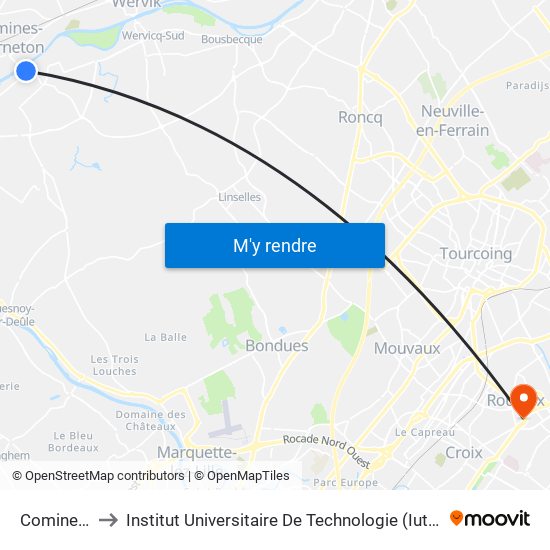 Comines Mairie to Institut Universitaire De Technologie (Iut) - Site Rond-Point De L'Europe map
