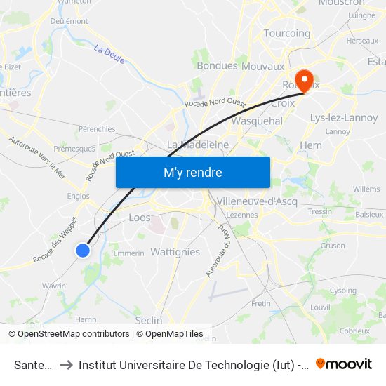 Santes Gare to Institut Universitaire De Technologie (Iut) - Site Rond-Point De L'Europe map