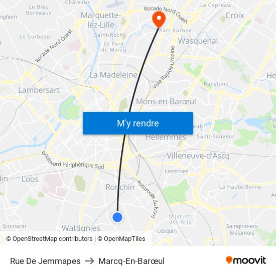 Rue De Jemmapes to Marcq-En-Barœul map