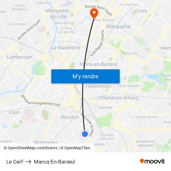 Le Cerf to Marcq-En-Barœul map