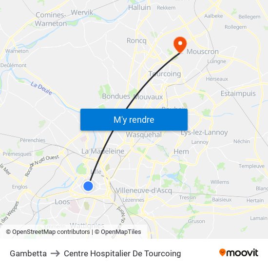 Gambetta to Centre Hospitalier De Tourcoing map