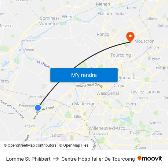 Lomme St-Philibert to Centre Hospitalier De Tourcoing map