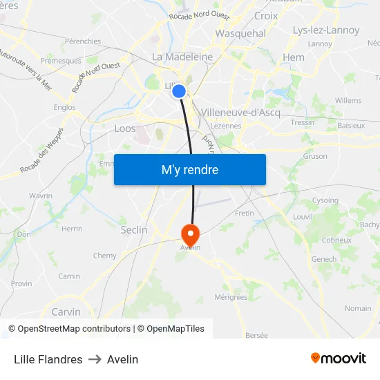 Lille Flandres to Avelin map