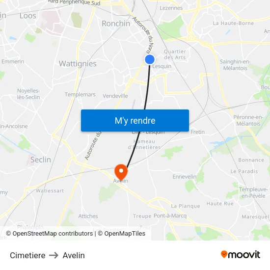 Cimetiere to Avelin map