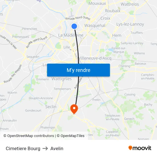 Cimetiere Bourg to Avelin map