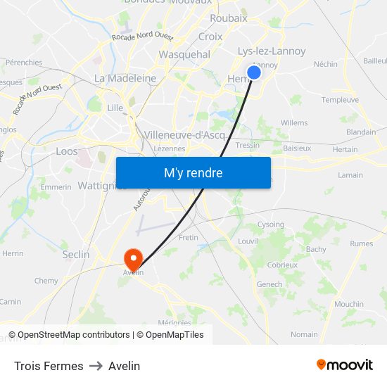 Trois Fermes to Avelin map