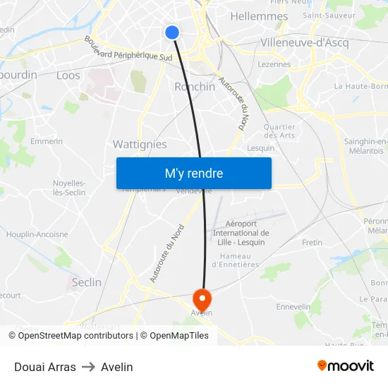 Douai Arras to Avelin map