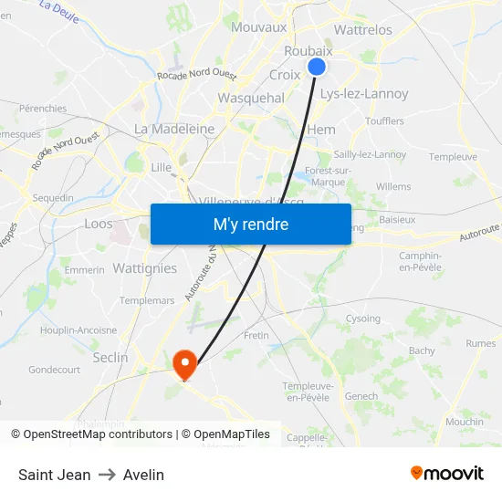 Saint Jean to Avelin map