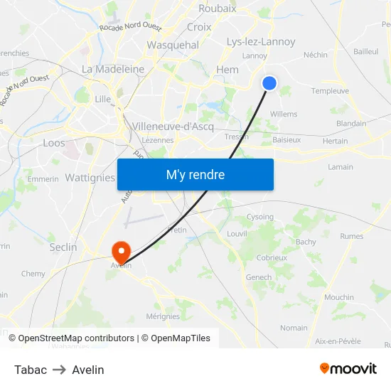 Tabac to Avelin map