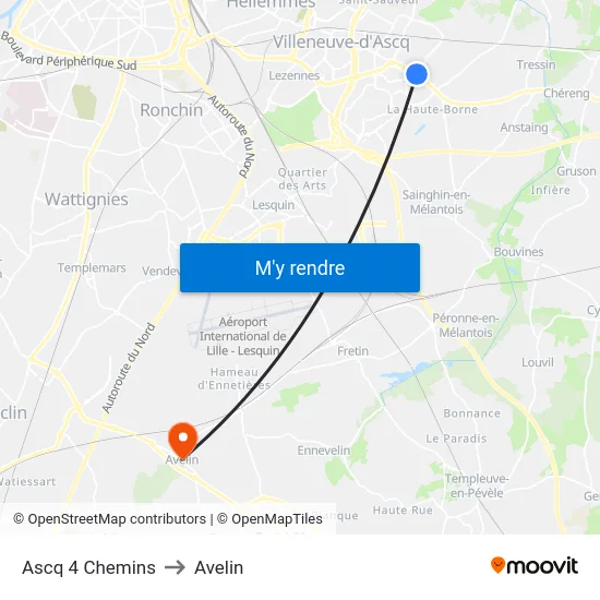 Ascq 4 Chemins to Avelin map